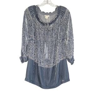 Sundance misty blue burnout velvet sheer top, size medium